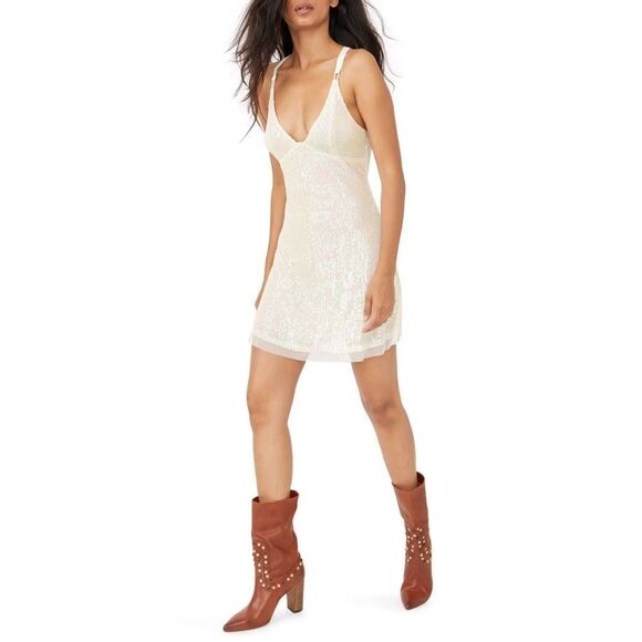 New! FREE PEOPLE Gold Rush Mini Slip Sequin Dress Icicle Pearl Combo V-neck MED - Picture 1 of 10